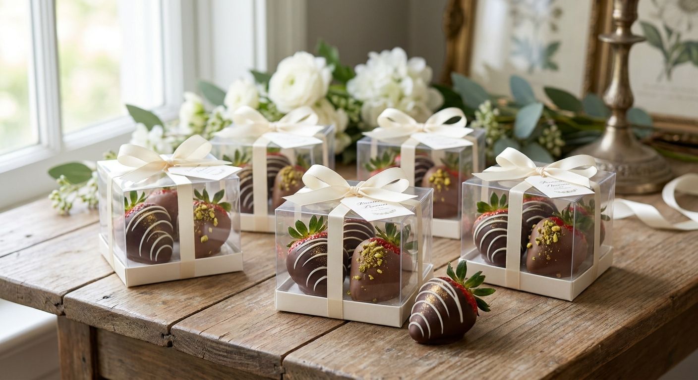 Chocolate-dipped strawberries for wedding favours
