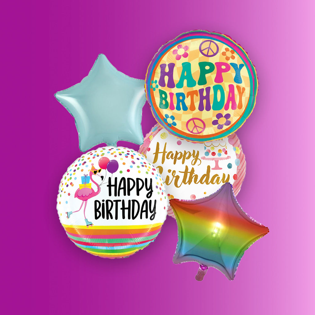 Colorful birthday balloons with 'Happy Birthday' text on a purple background