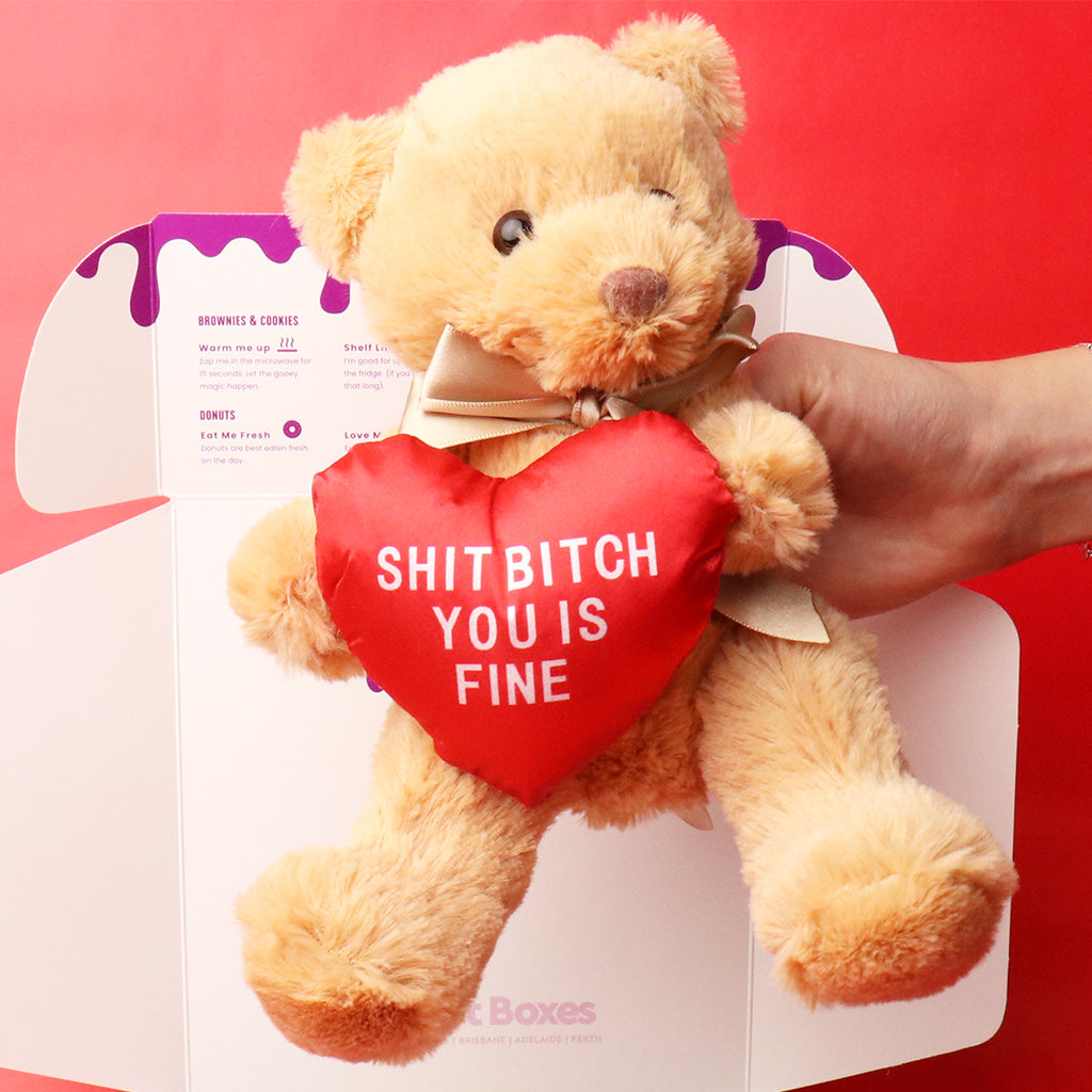 Teddy bear with a red heart saying 'SHIT BITCH YOU IS FINE' held by a hand against a red background.