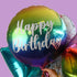 Multicolored 'Happy Birthday' balloon against a purple background